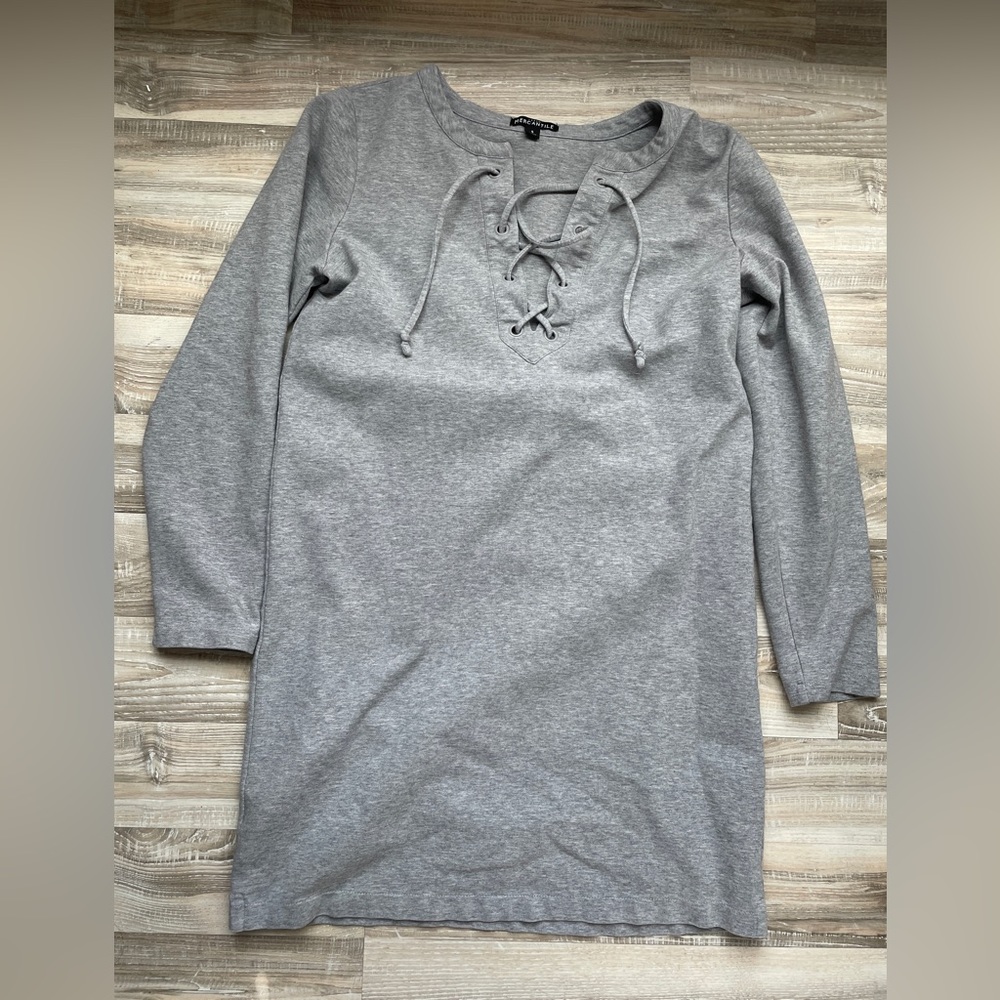 J. Crew Mercantile Grey Long Sleeve Solid Drawstring Neck Dress Size Small Cotto